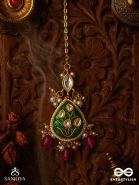 SINDURYA - SCARLET RAYS- GRAND CRESCENT ENAMEL KUNDAN MAANGTIKA WITH PEARLS AND BEADS
