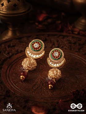 SHASHIRATNA - MOON GEM- MINIMALISTIC KUNDAN ENAMEL EARRINGS WITH FLORAL CENTER, PEARL SPHERES AND CELESTIAL DESIGN