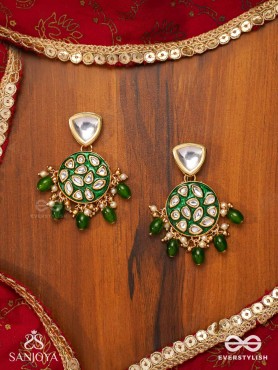 ARUNODAYA - DAWN RAYS- SYMMETRICAL KUNDAN POLKI EARRINGS WITH EMERALD GREEN ENAMEL ACCENT, PEARLS AND BEADS