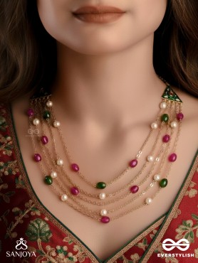 RANGLEKHA - LINES OF COLOR-  LAYERED GOLDEN CHAINED KUNDAN NECKPIECE WITH VIBRANT GEM DROPS AND FLORAL ENAMELED EDGES