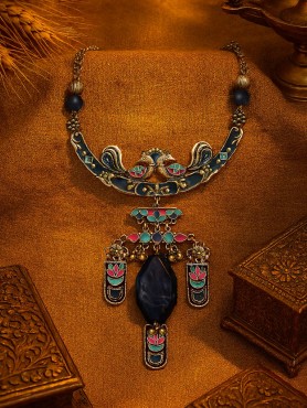 MOON DUSK - ENAMELLED OXIDISED NECKLACE WITH ENGRAVED CHARMS