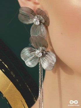 PETAL GLIDE – MODERN SILVER FLORAL FRINGE EARRINGS