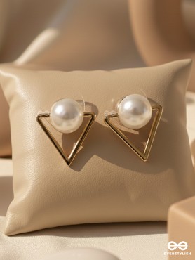 Gorgeous pearl embedded in golden triangle earrings