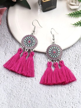 Vibrant motifs Dreamcatcher Tassel Earrings- Fuchsia