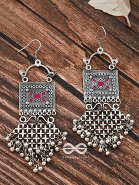 The Embellished Trunk Criss Cross Danglers (Pink) - Oxidised Boho Earrings