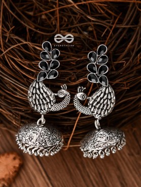 The Dancing Peacocks Engraved Jhumkis (Onyx Black) - Embellished Oxidised Collection