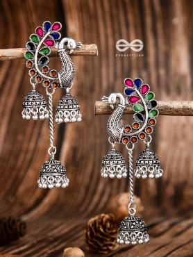 The Enamelled Peacocks Triple Jhumki Statement Earrings - Blue-Pink-Green-Brown