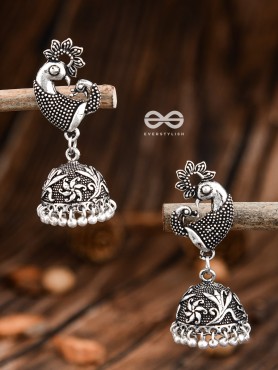 The Vintage Artistic Peacock Jhumkis - Oxidised Earrings