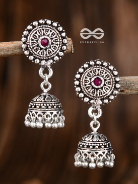 The Little Aztec Jhumkis (Ruby Red) - Embellished Oxidised Collection