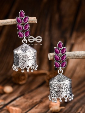 The Olive Branch Intricate Drum Jhumkis - Ruby Red- The Embellished Oxidised Collection