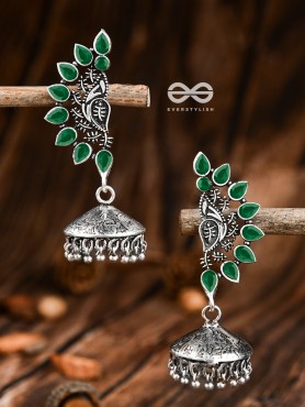 The Bohemian Elegance Floral Jhumkis (Emerald) - Oxidised Embellished Collection