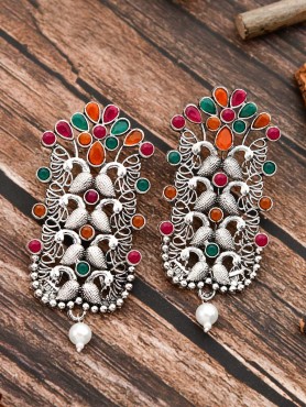 The Pretty Peacock Artwork - Oxidised Boho Earrings - Multicolour