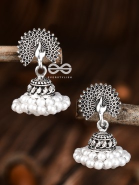 The Triple Threaded Pearl Peacock Jhumkis - Tiny Trinket Earrings