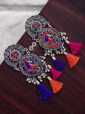 The Layered Tasseled Statement Makers (Pink-blue Hues) - The Embroidered Oxidised Collection