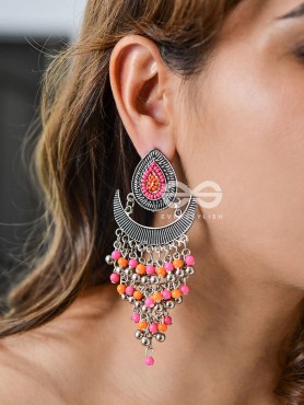 The Droplet Jhaalar Earrings (Orange-Pink) - The Embroidered Oxidised Collection