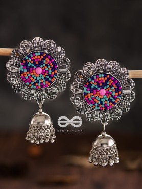 The Beaded Bohemian Flower Jhumkas (Multicoloured) - Embroidered Oxidised Collection