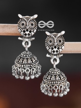 The Little Cute Owl Jhumkis - Oxidised Boho Earrings