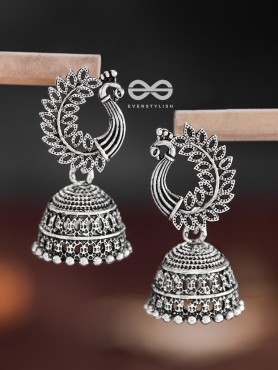 The Intricate Peacock Jhumkis - Oxidised Boho Earrings
