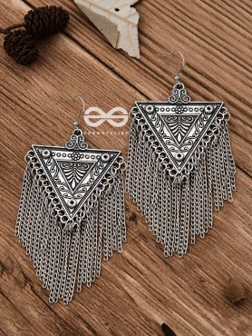 The Triangle Chained Danglers - Oxidised Boho Earrings