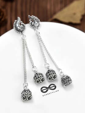 The Double Jhumki Curved Peacock Danglers - Oxidised Boho Earrings