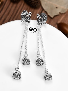 The Double Jhumki Intricate Peacock Danglers - Oxidised Boho Earrings