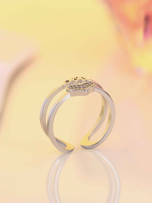 Silverette Love Heart Adjustable CZ Dual Ring