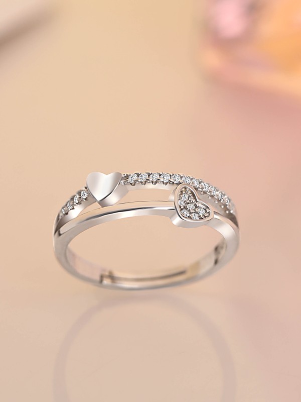 Silver Layered Hearts Adjustable CZ Ring