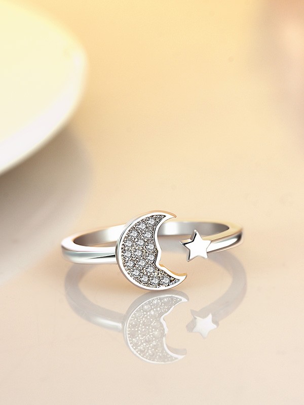 Stars and crescent moon adjustable ring in silver