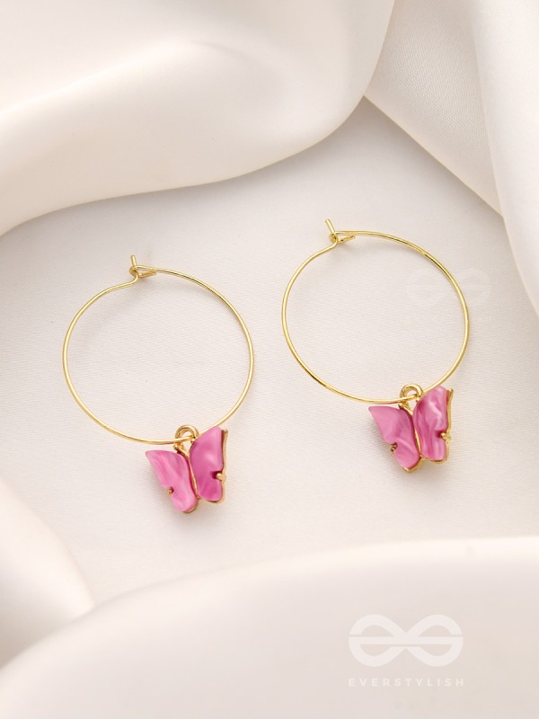 The Beauteous Butterfly Hoops (Pink) - Golden Casual Earrings