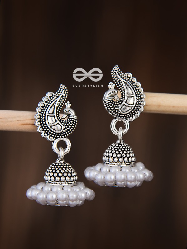 The Braided Pearl Peacock Jhumkis - Oxidised Boho Earrings