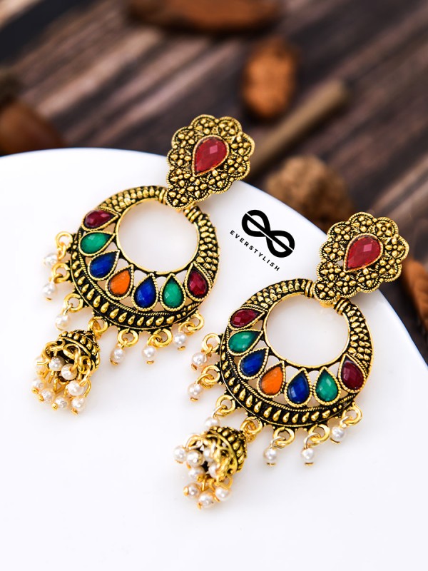 The Golden Embellished Jhumki Artwork - Embellished Oxidised Earrings