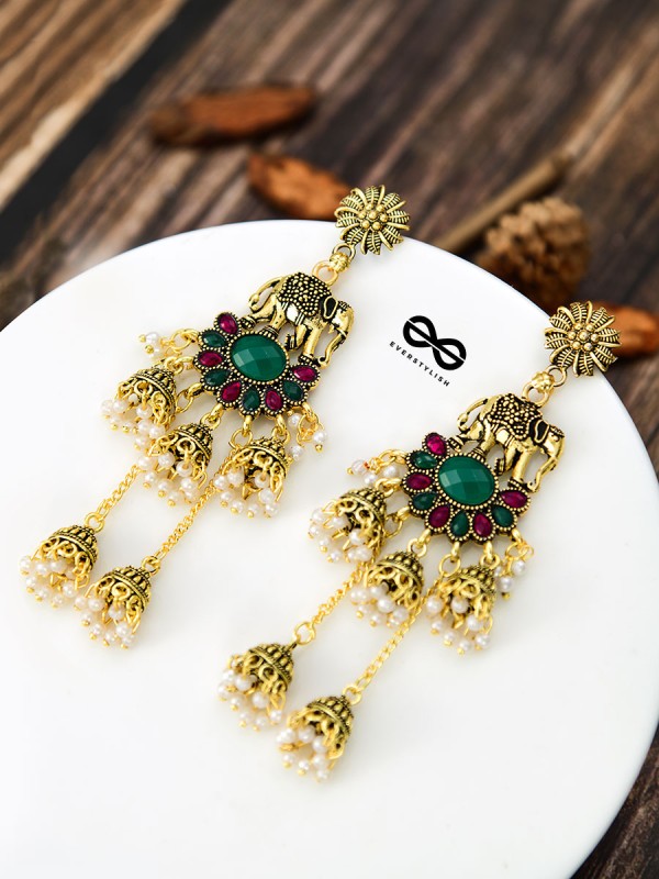 The Golden Embellished Elephant Artwork 5 jhumki Earrings