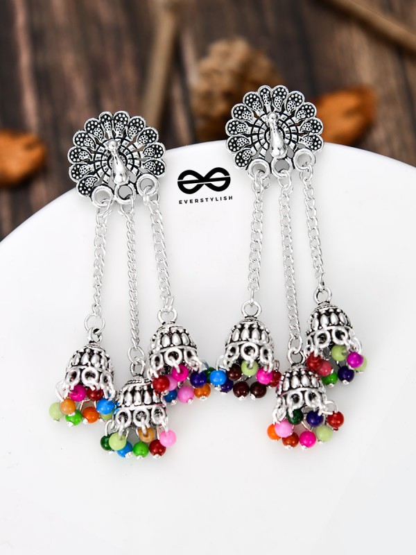 The Fanning Peacock Triple Multicolour Jhumkis - Oxidised Boho Earrings