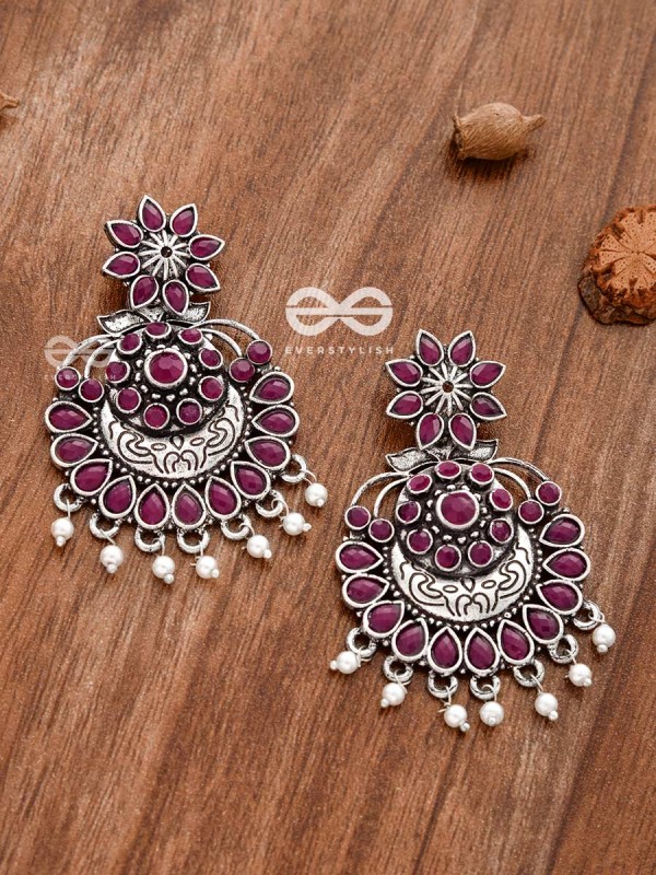 The Statement of Intricacy (Ruby Red) - Embellished Oxidised Earrings 