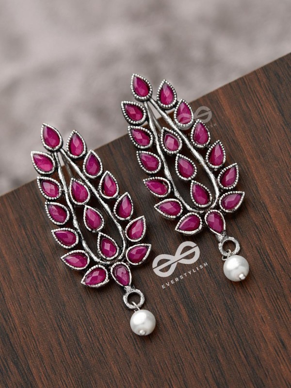 The Shimmering Leaves (Ruby Red)- Embellished Oxidised Earrings