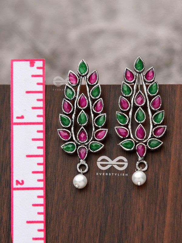 The Shimmering Leaves (Ruby Emerald)- Embellished Oxidised Earrings