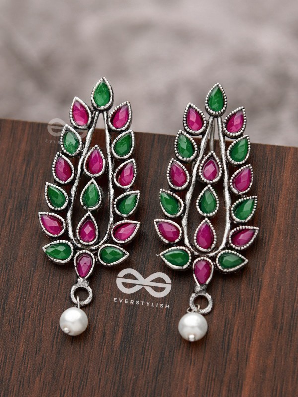 The Shimmering Leaves (Ruby Emerald)- Embellished Oxidised Earrings