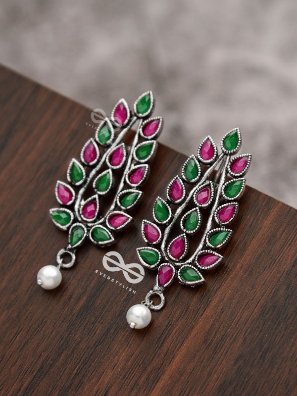 The Shimmering Leaves (Ruby Emerald)- Embellished Oxidised Earrings