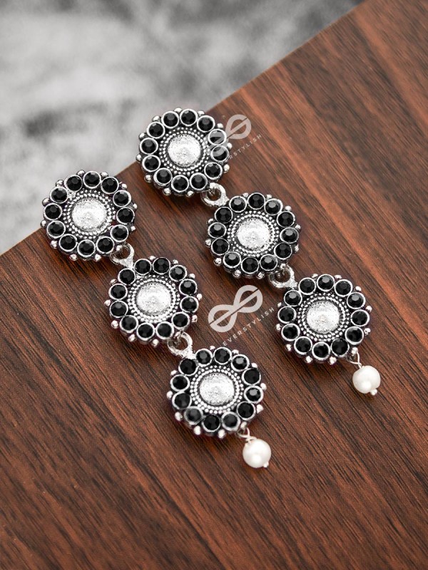 The Layered Boho Danglers (Onyx Black) - Embellished Oxidised Earrings 