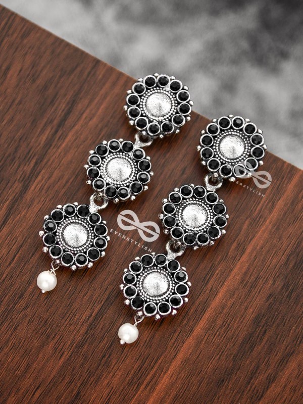 The Layered Boho Danglers (Onyx Black) - Embellished Oxidised Earrings 