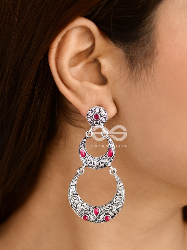 The Layered Boho Artwork Danglers (Ruby Red) - Embellished Oxidised Collection