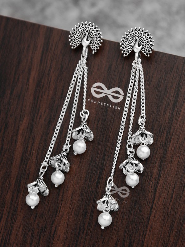 The Fanning Peacock Triple Pearl Jhumkis - Oxidised Boho Earrings