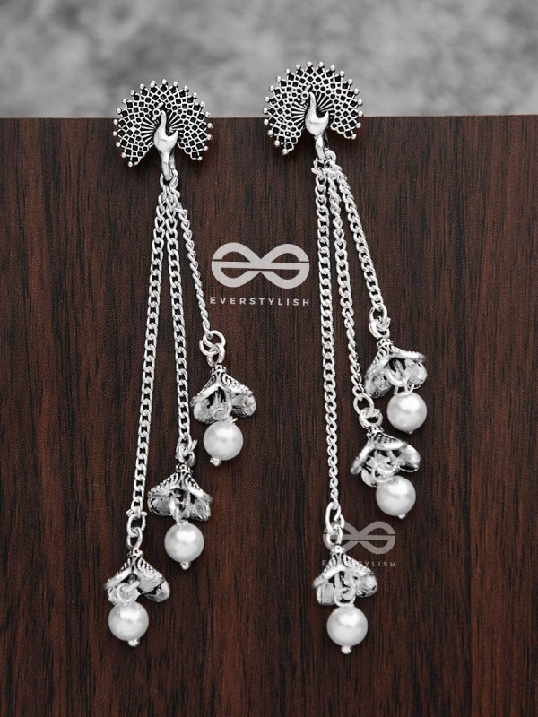 The Fanning Peacock Triple Pearl Jhumkis - Oxidised Boho Earrings
