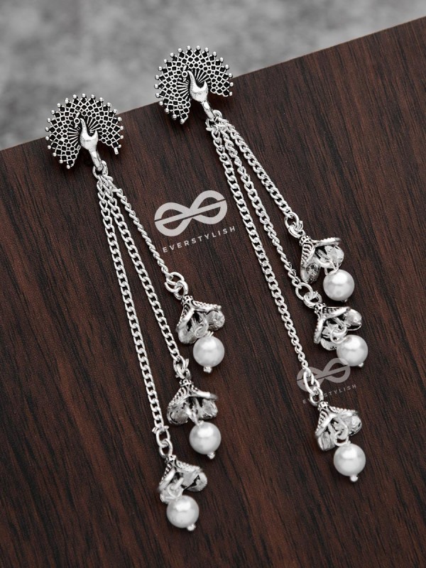 The Fanning Peacock Triple Pearl Jhumkis - Oxidised Boho Earrings