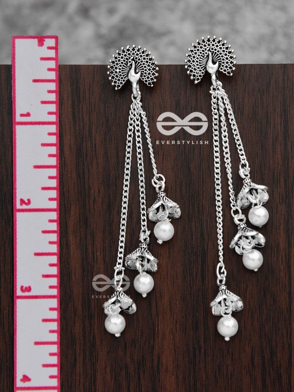 The Fanning Peacock Triple Pearl Jhumkis - Oxidised Boho Earrings