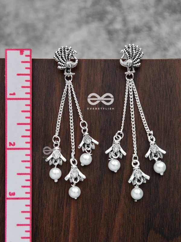 The Pristine Peacock Triple Pearl Jhumkis - Oxidised Boho Earrings