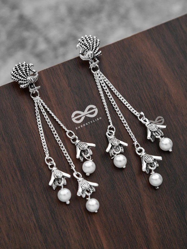 The Pristine Peacock Triple Pearl Jhumkis - Oxidised Boho Earrings