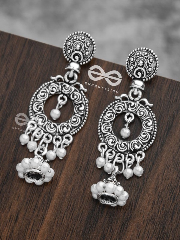 The Layered Pearl Motif Jhumkis - Oxidised Boho Earrings