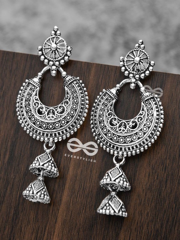 The Motif Moon Double Layered Jhumkis (Silver)