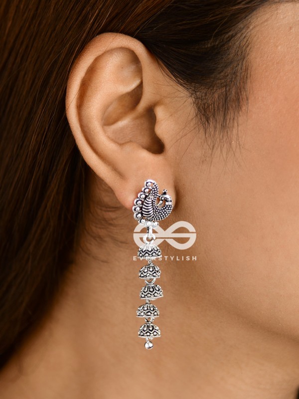 The Five-Layered Peacock Jhumkis - Oxidised Boho Earrings
